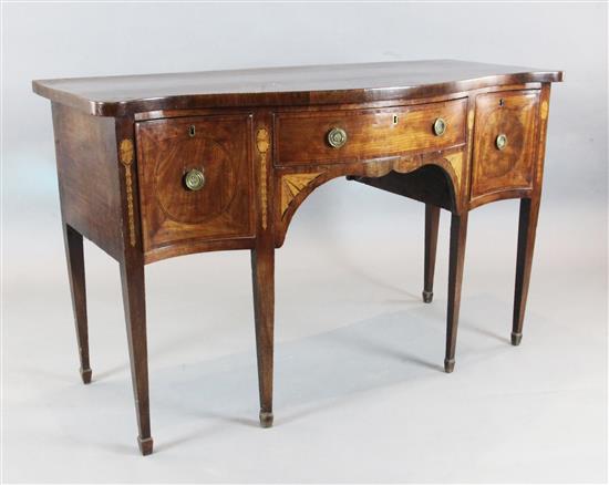 A George III satinwood banded mahogany serpentine sideboard, W.5ft D.2ft 3.5in. H.3ft 1in.